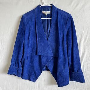 GIULIANA RANCIC Women Blue Genuine Leather Wide Collar Jacket Sz L Open Front